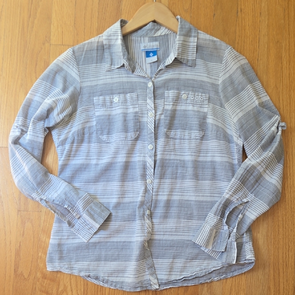 Columbia Women's Striped Button-Down Shirt in Gray and White